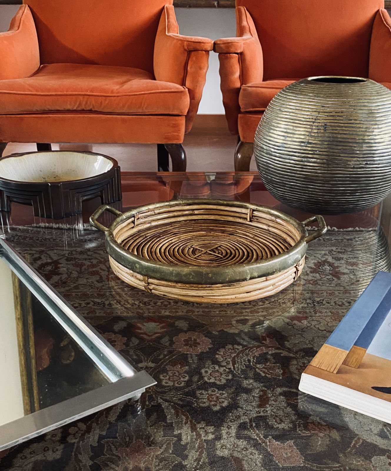 Home Decor Hollywood Regency Brass And Wicker Vide Poche, Italy Ca. 1970 photo