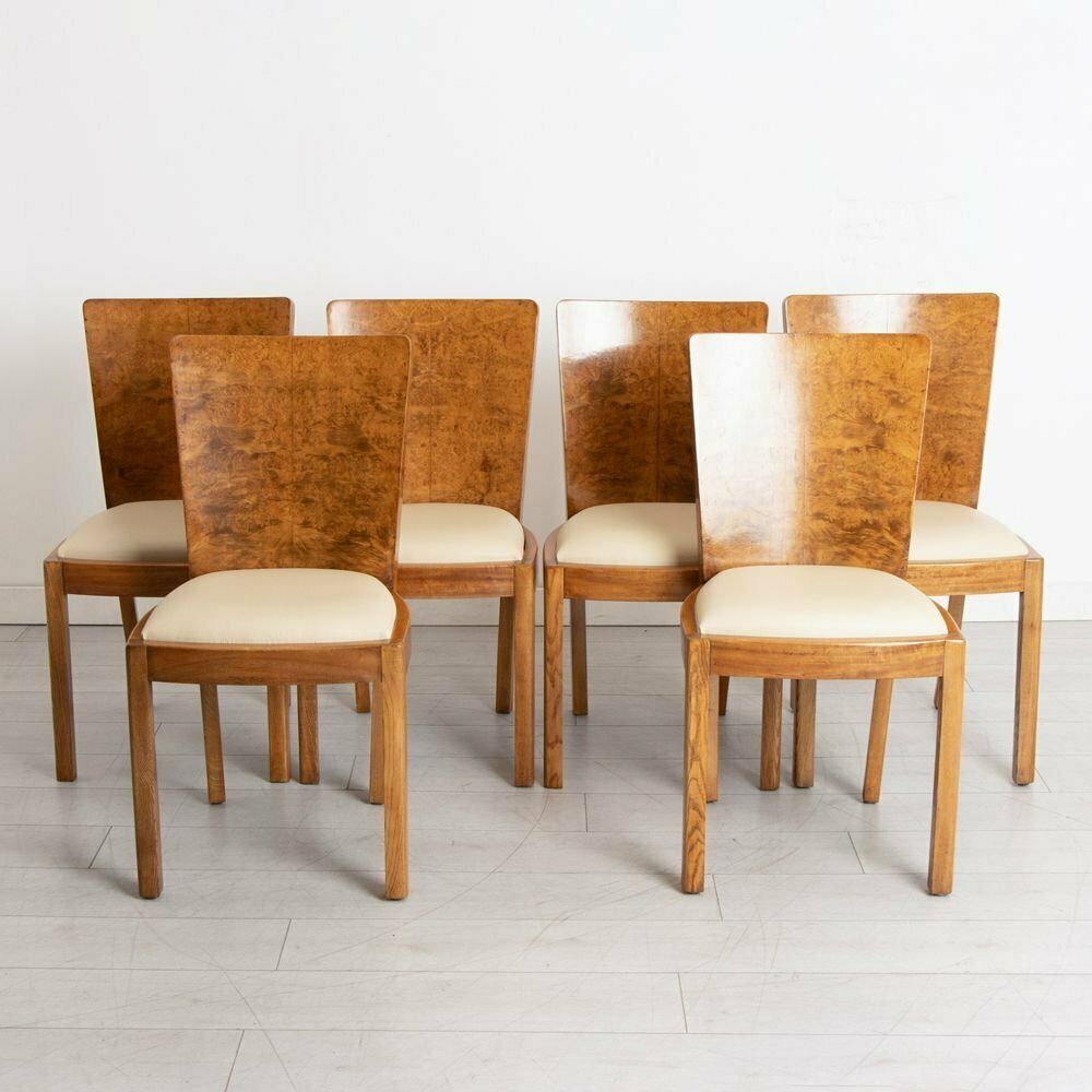 Art Deco Burr Walnut Dining Table & Six Chairs, British C.1930 photo vintage