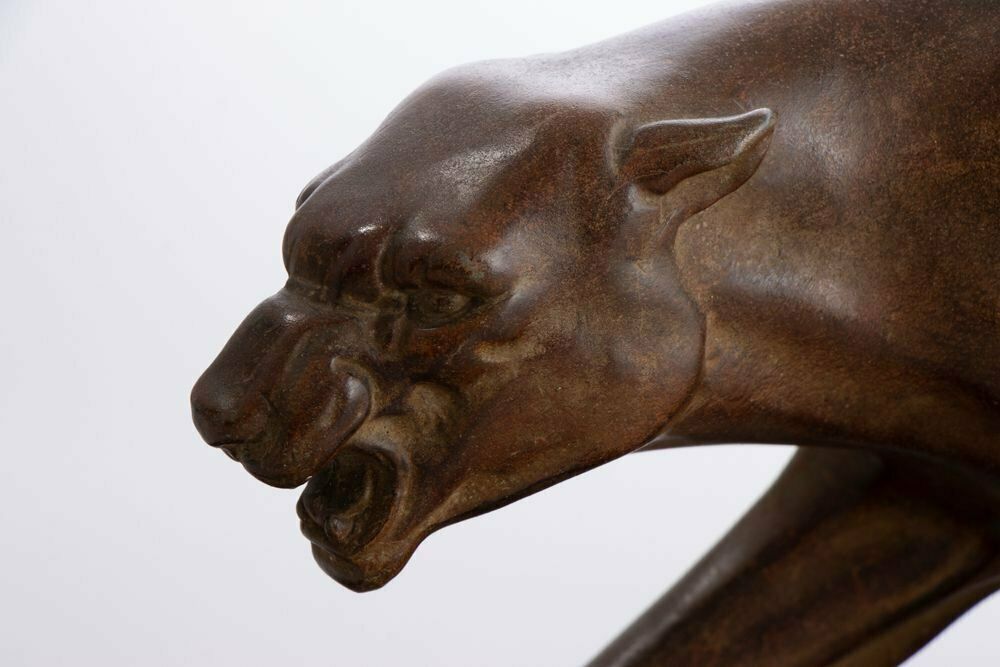 Art Deco Patinated Bronze Muscular Panther On A Stepped Marble Base With Brass Trims C.1930 photo Art