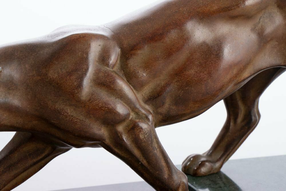 Art Deco Patinated Bronze Muscular Panther On A Stepped Marble Base With Brass Trims C.1930 photo vinterior