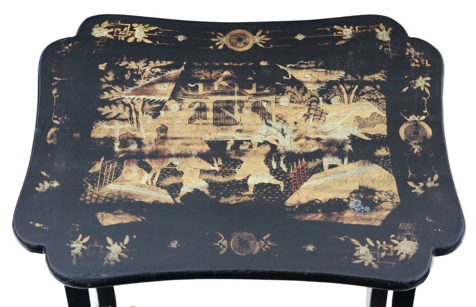 Antique Fine Quality Chinoiserie Boulle Work Black Lacquer Nest Of 4 19th Century Tables photo buy
