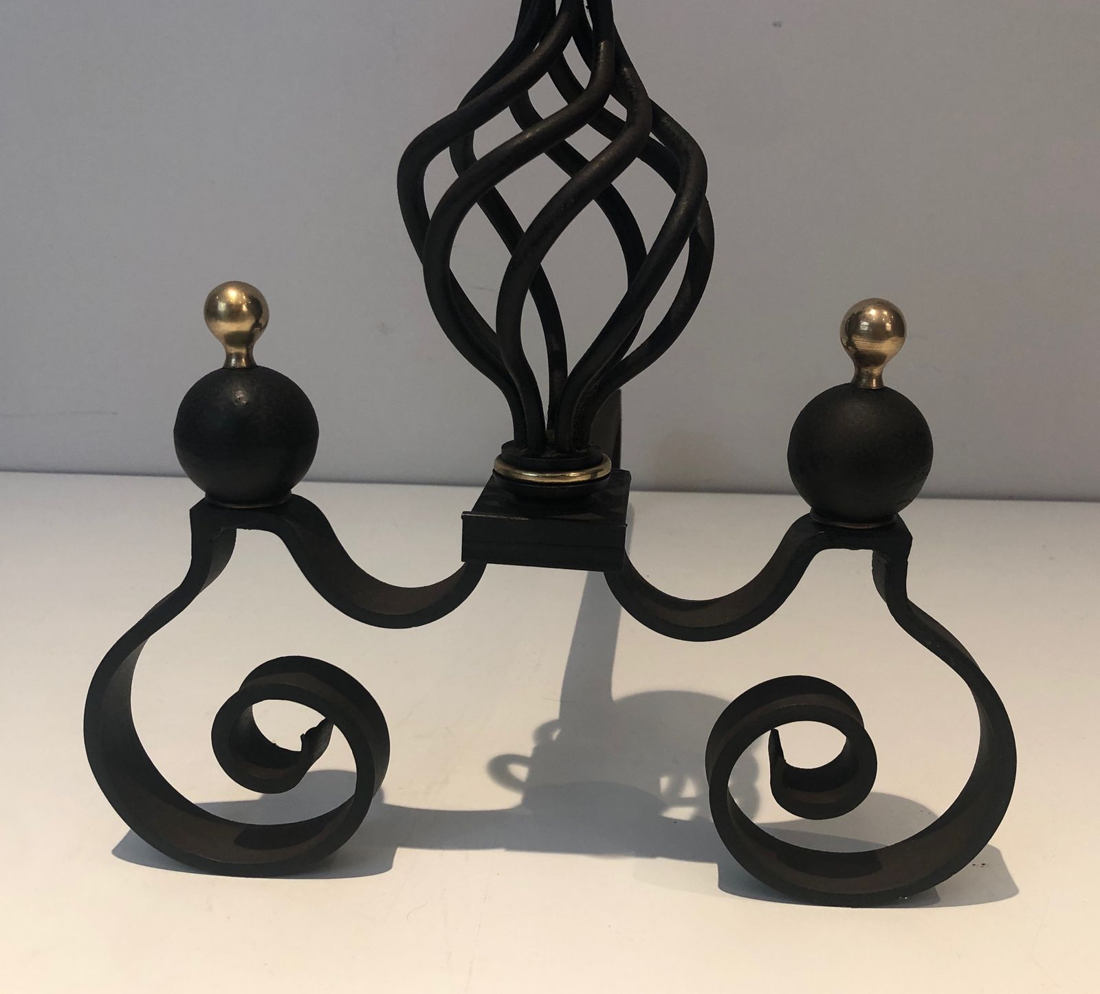 Home Fixtures Pair Of Wrought Iron Andirons Topped With A Brass Ball photo