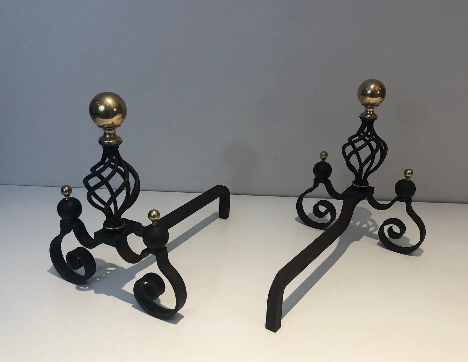 photo buy Pair Of Wrought Iron Andirons Topped With A Brass Ball