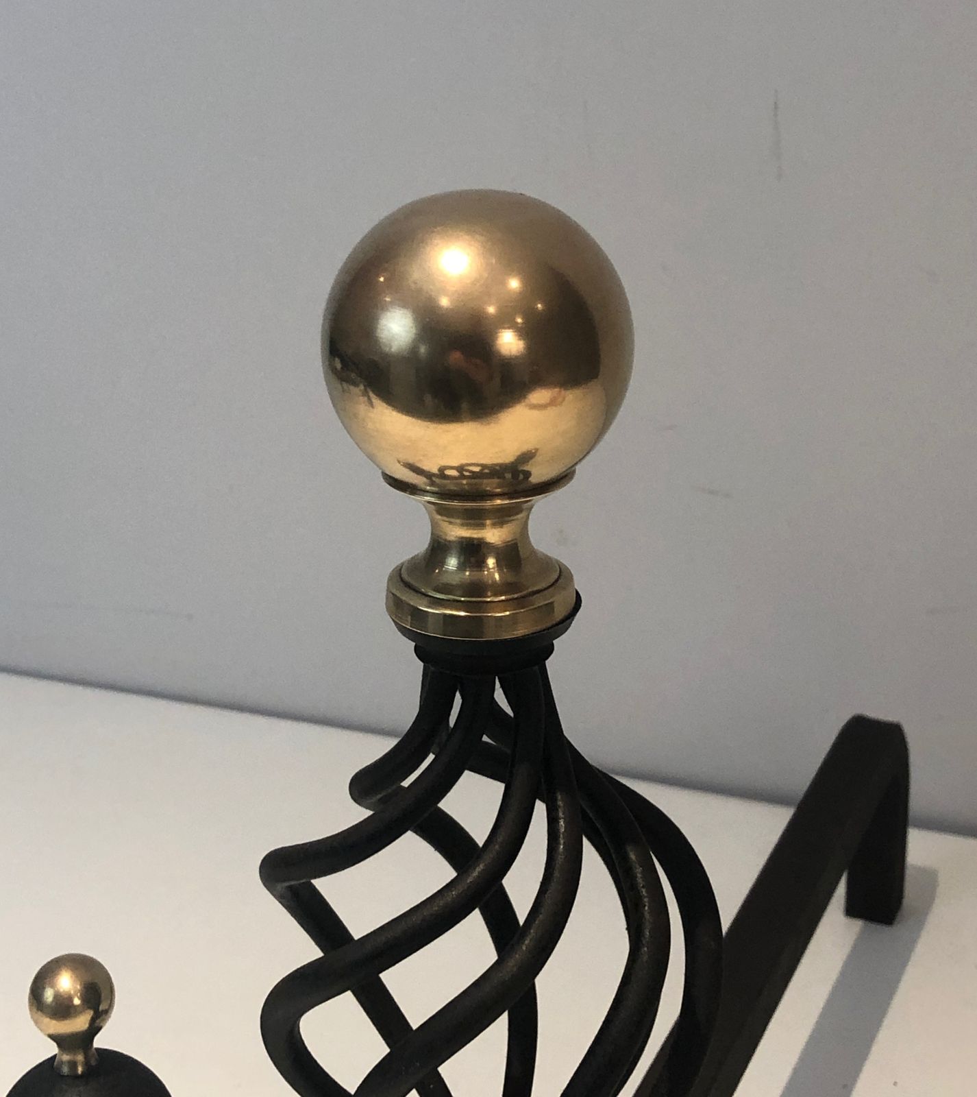 photo vintage Pair Of Wrought Iron Andirons Topped With A Brass Ball