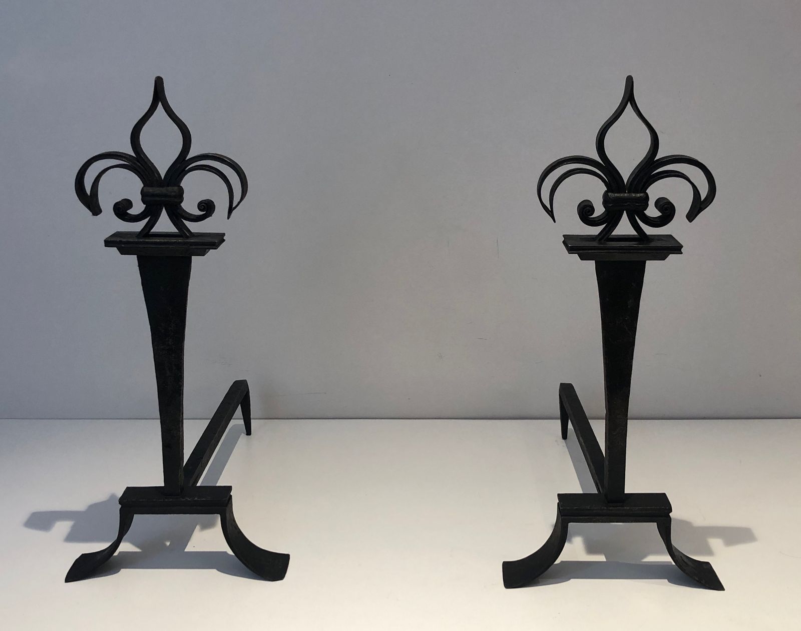 Important Pair Of Wrought Iron Andirons With Fleurs De Lys photo furniture