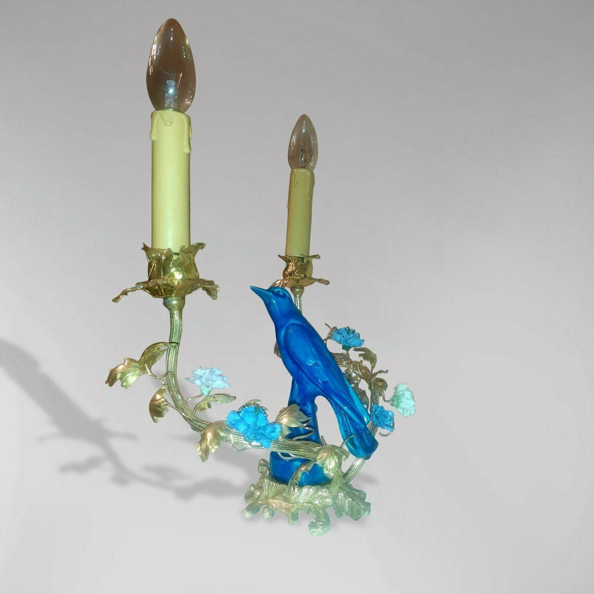 Candle Holder Mounted As A Lamp, In Gilt Bronze, Porcelain Bird, Saxony Porcelain Flowers