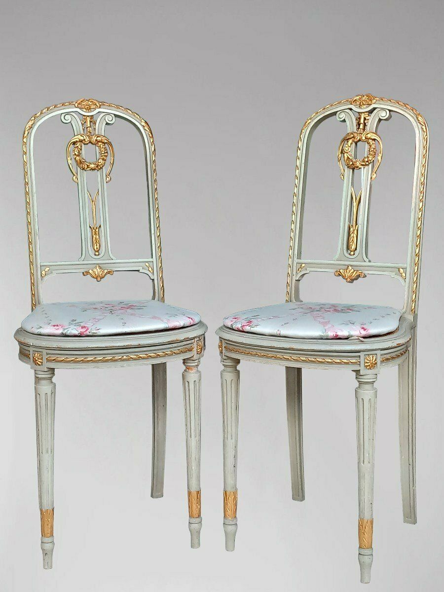 Pair Of Louis XVI Style Grey Lacquered Wooden Chairs With Fabric Flowers Jean Monro