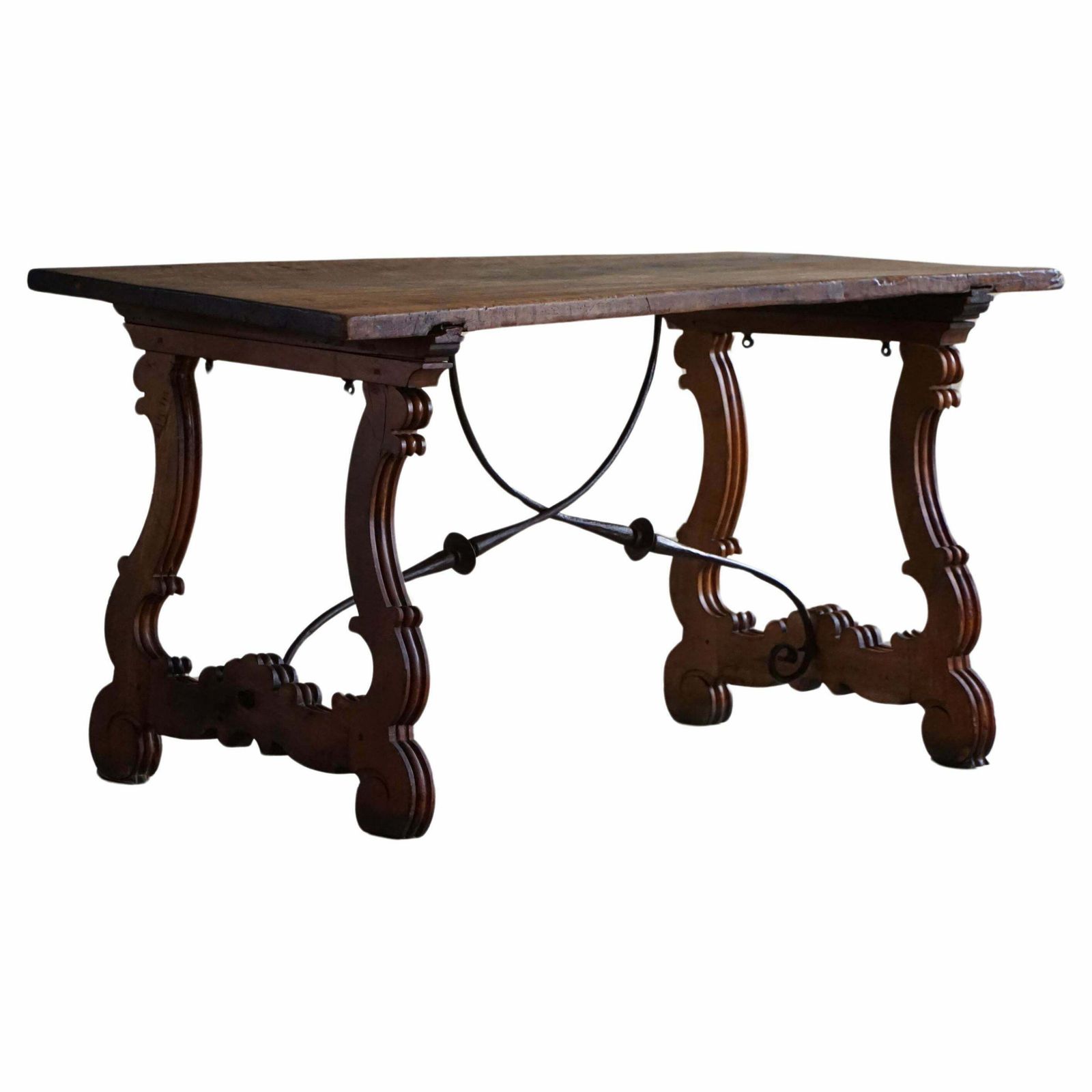 Antique Spanish Brutalist Table In Solid Oak & Wrought Iron, 19th Century