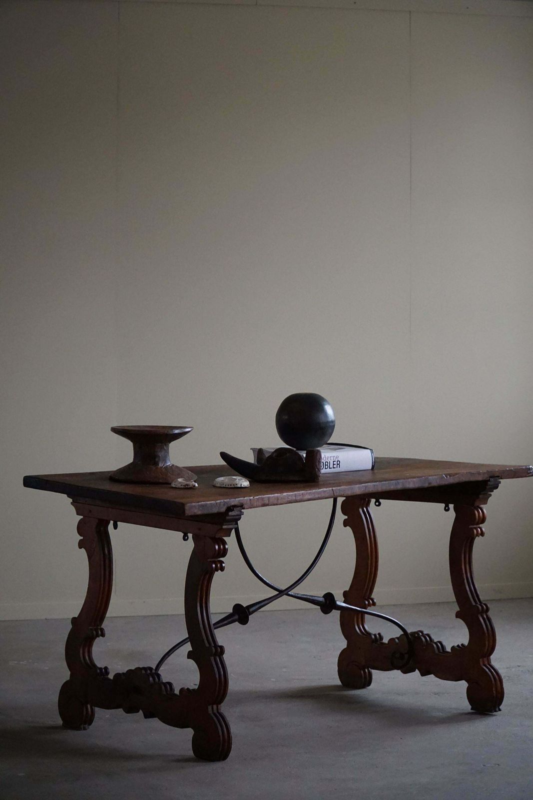 photo buy Antique Spanish Brutalist Table In Solid Oak & Wrought Iron, 19th Century