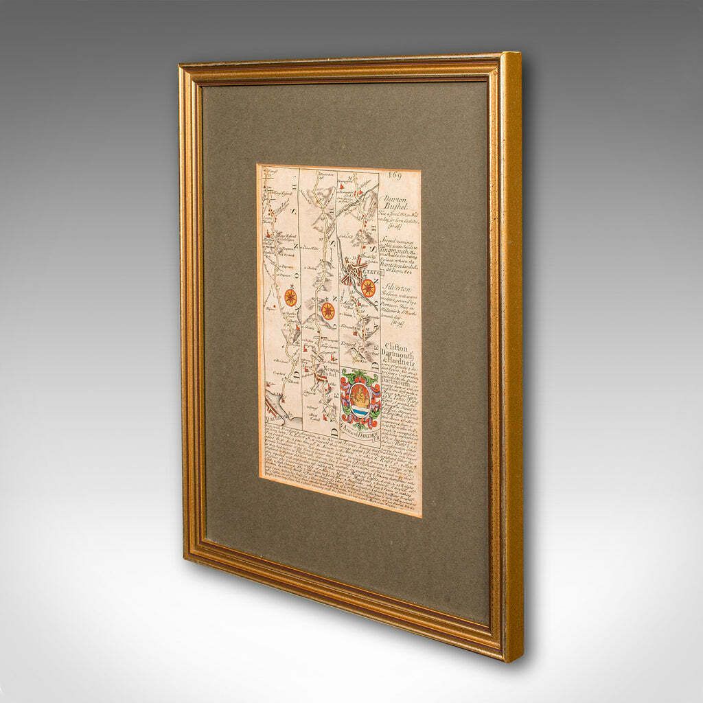 Antique Coaching Road Map, South Devon, English, Framed, Cartography, Georgian photo for sale