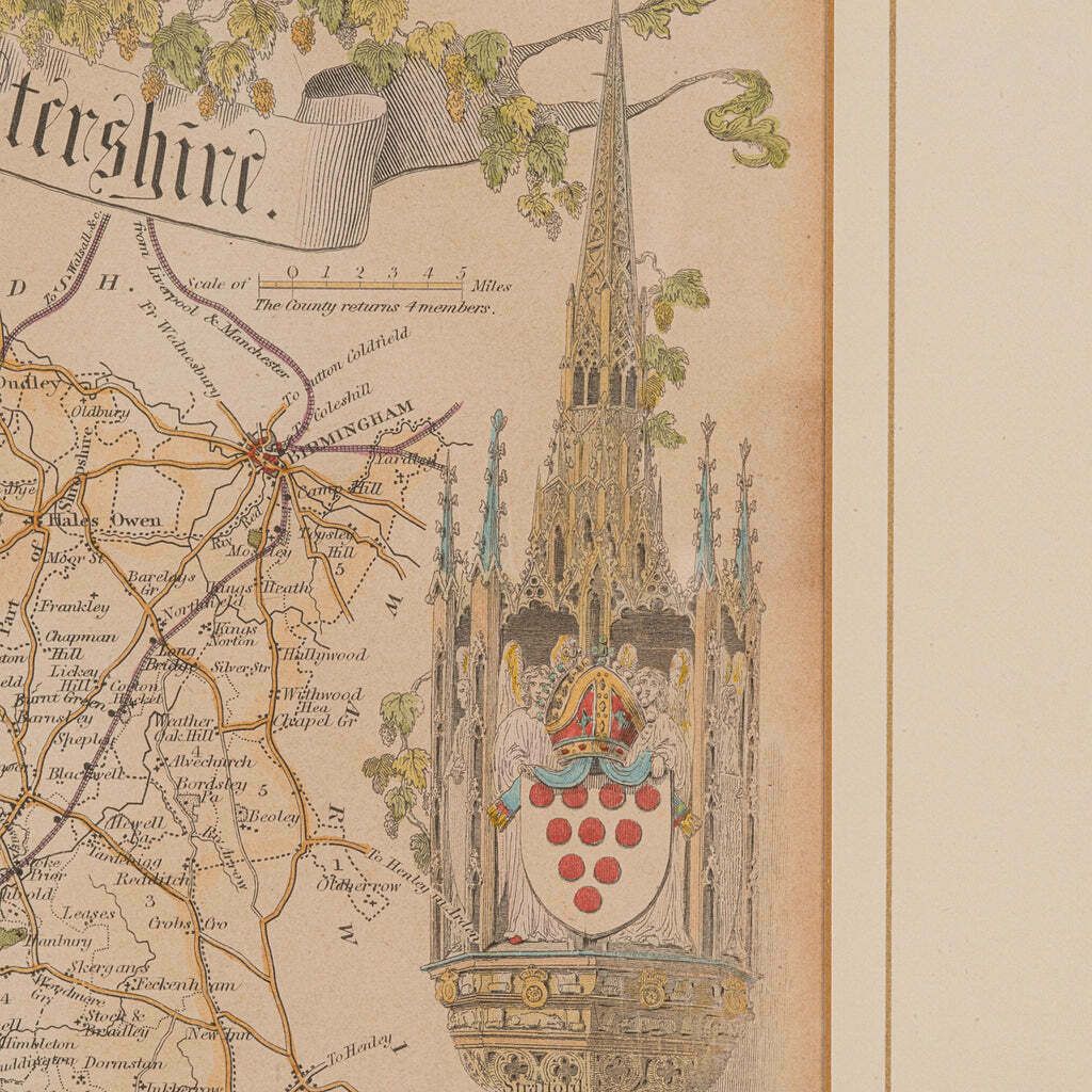 Antique Lithography Map, Worcestershire, English, Framed Engraving, Cartography photo vintage