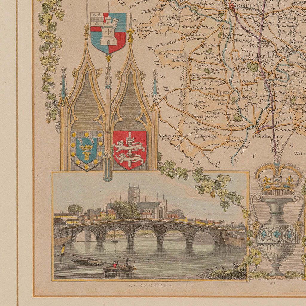 photo for sale Antique Lithography Map, Worcestershire, English, Framed Engraving, Cartography