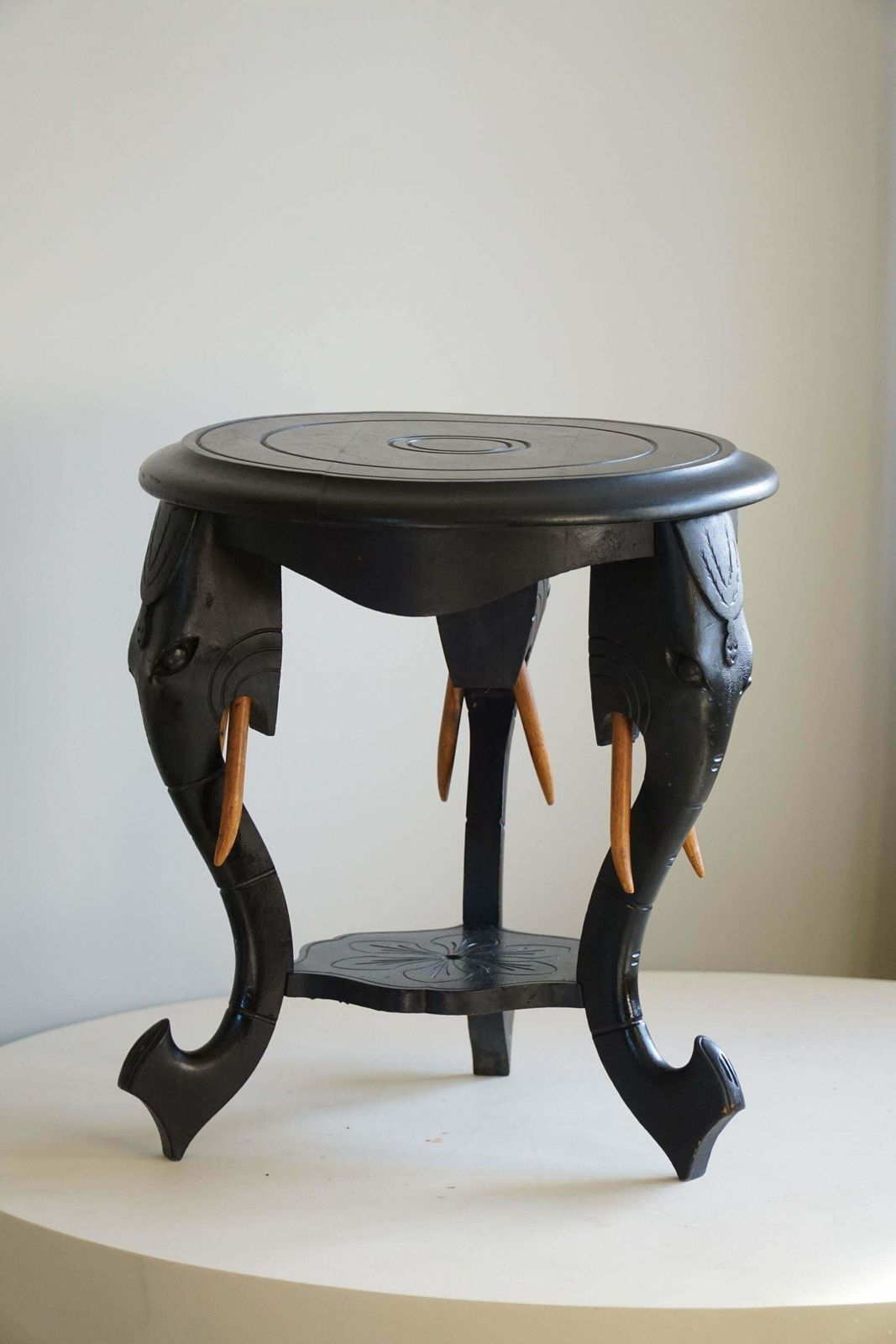 Ebonized Hardwood Side Table With 3 Elephant Head Legs, East Indian, 1920s photo 747.0