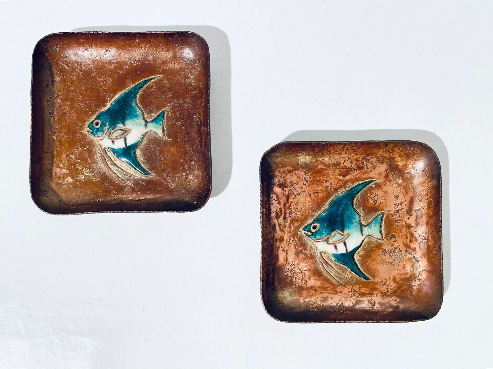 Two Mid Century Fish Motif Enamel Copper Bowls Plates / Vintage Decor 60s 70s