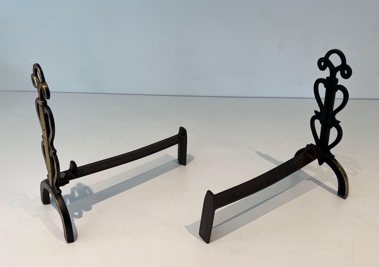 photo for sale Pair Of Chenets In Brass And Wrought Iron In The Taste Of Raymond Subes