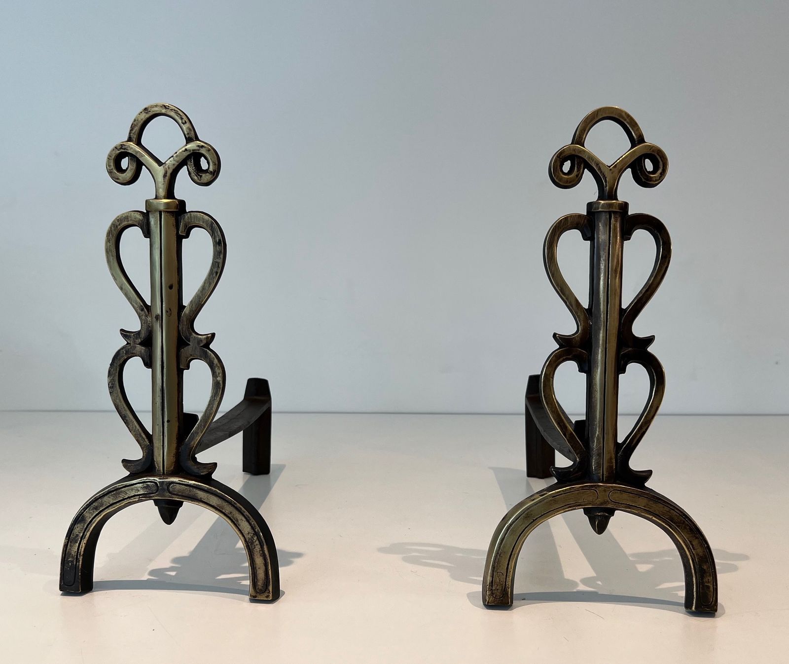 Home Decor Pair Of Chenets In Brass And Wrought Iron In The Taste Of Raymond Subes photo
