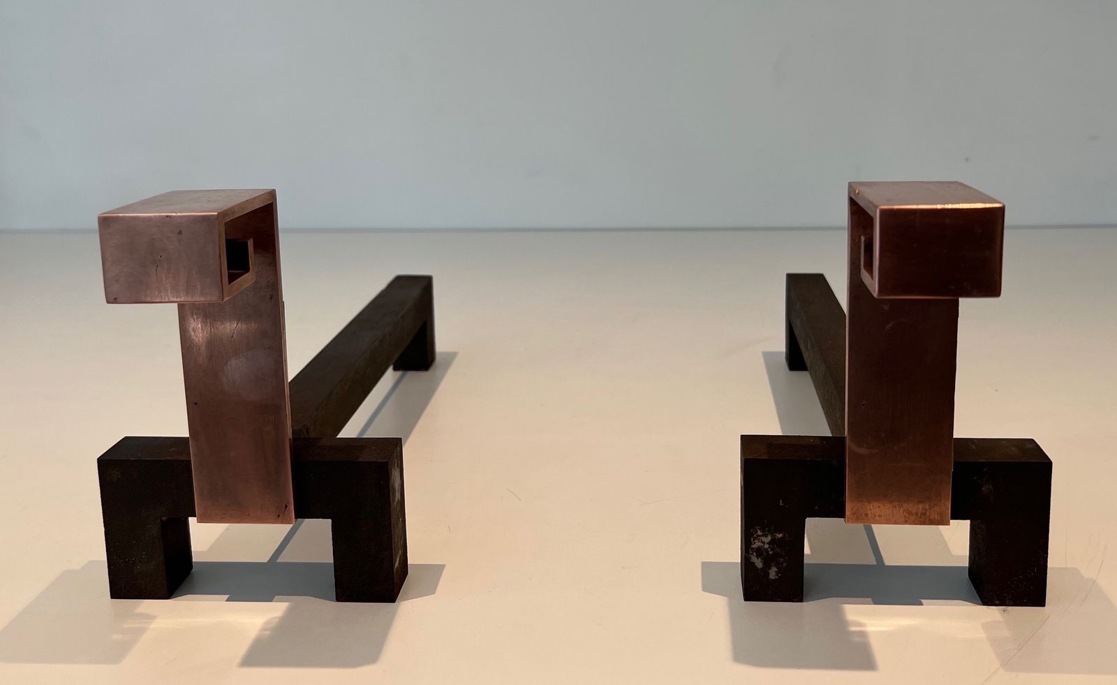 Pair Of Modernist Chenets In Copper And Forged Iron photo furniture
