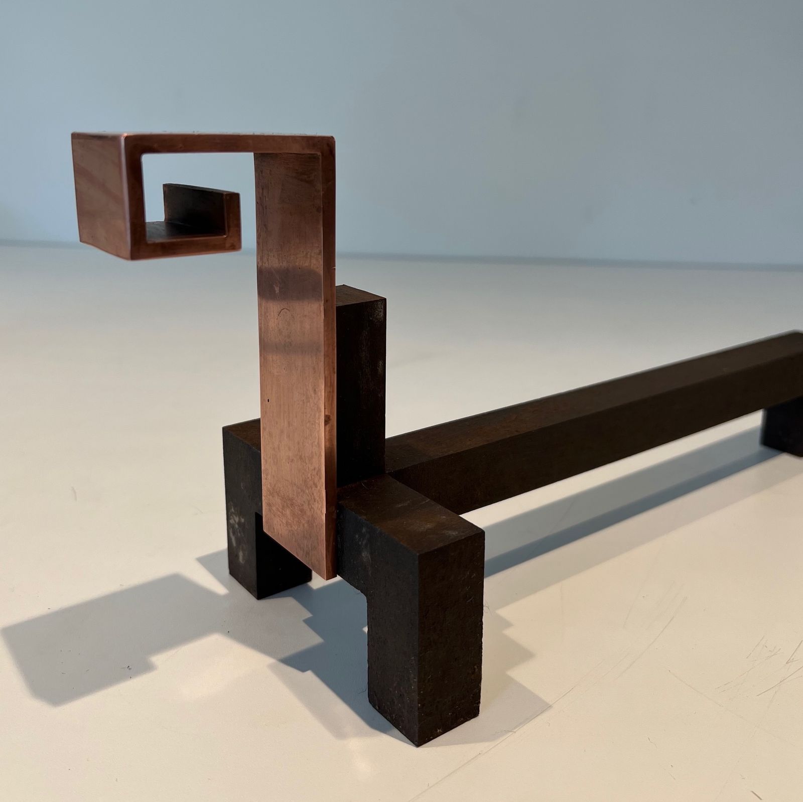 Pair Of Modernist Chenets In Copper And Forged Iron photo vintage