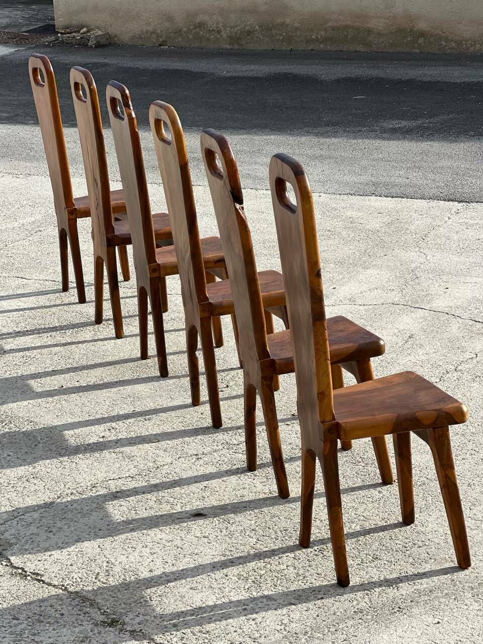 Sculptural High Back Chairs In Solid Olive Wood, France, 1960s, Set Of 6