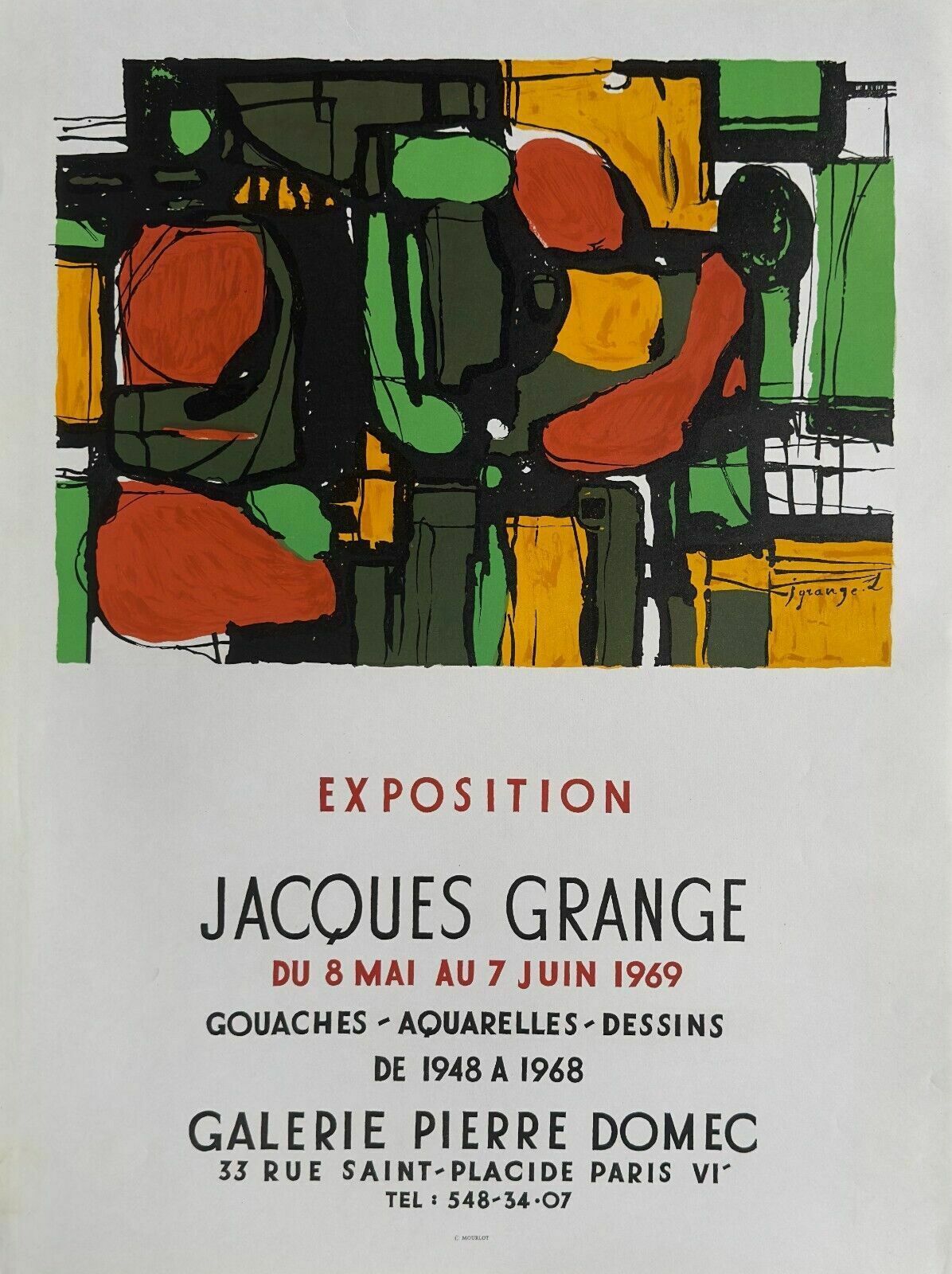 Jacques Grange Art Poster Litho Exhibition Poster Galerie Domec Paris 1969 Mourlot