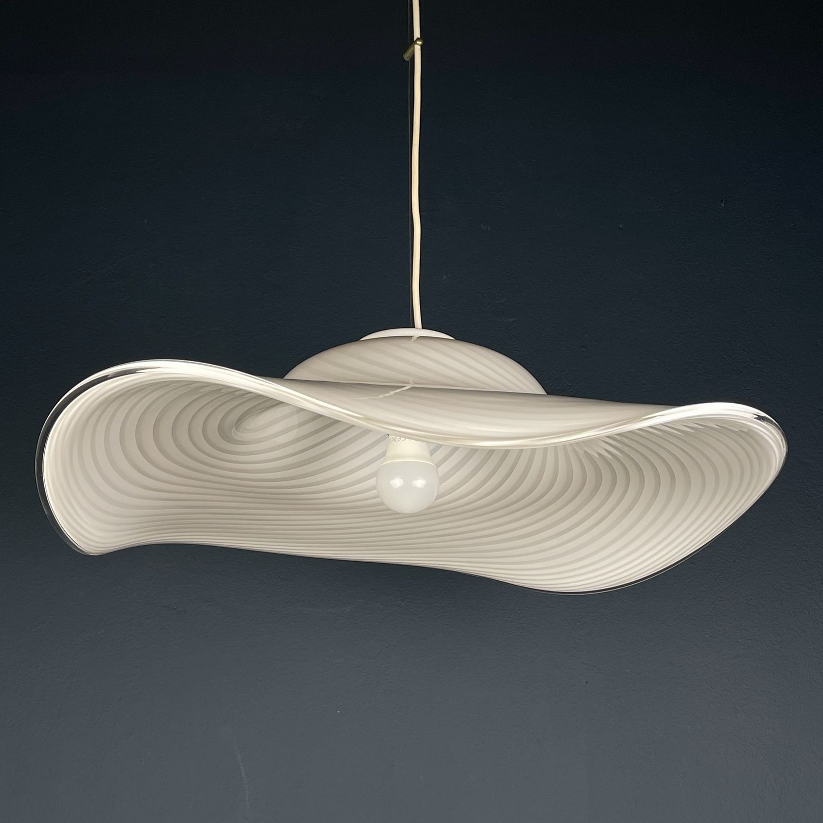 Vintage Swirl White Murano Glass Pendant Lamp Italy 1970s photo vintage