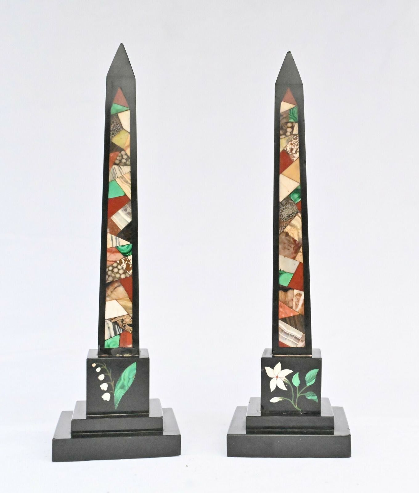photo for sale Pair Grand Tour Obelisks Marble Pietra Dura