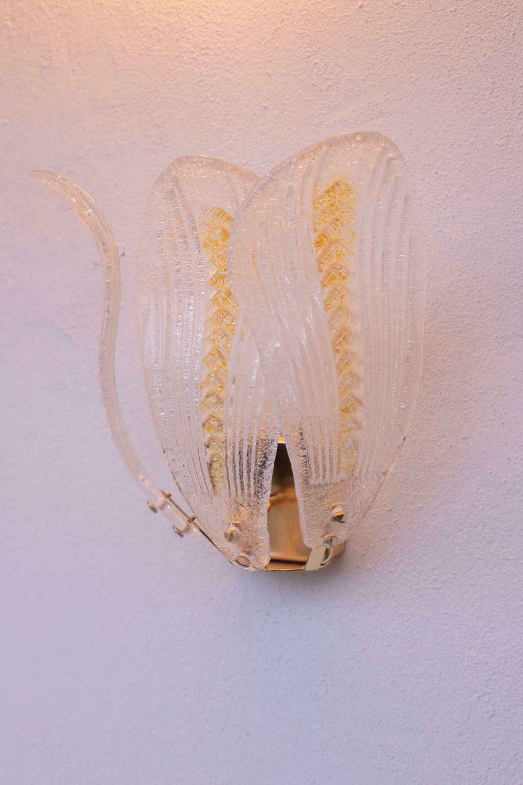 Set Of 3 Murano Wall Yellow Light Transparent Leaves, 1980s photo vintage