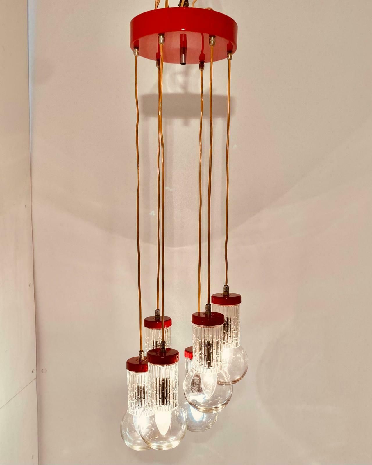 Vintage Cascade Red Chandelier In Stilnovo Style, Italy 1950s photo for sale