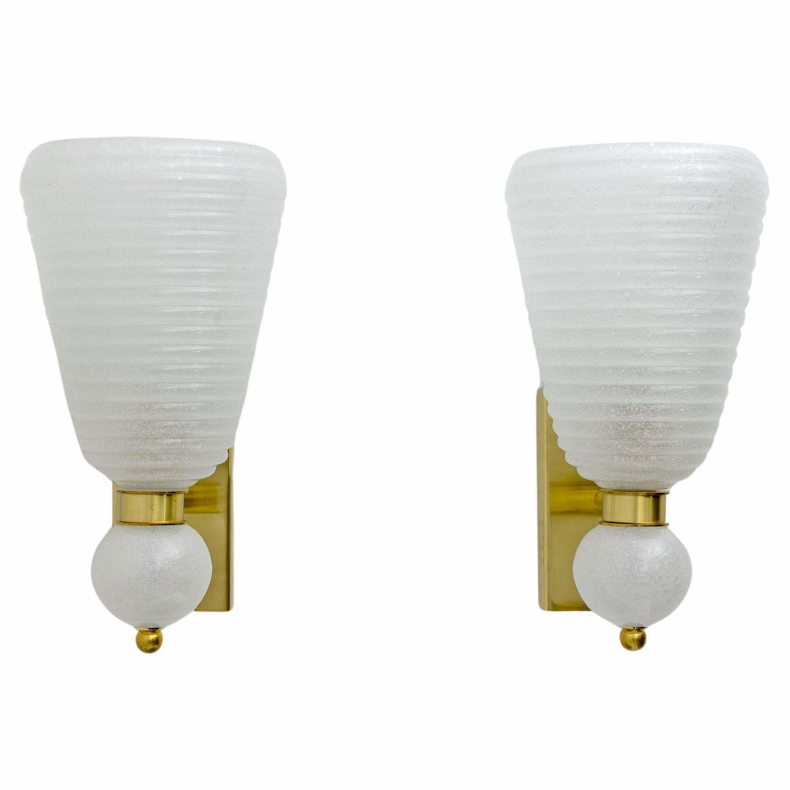 Pair Of Mid Century Modern Brass And "Pulegoso" Murano Glass Sconces