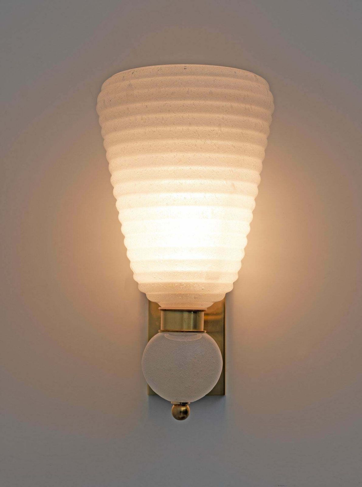 Pair Of Mid Century Modern Brass And "Pulegoso" Murano Glass Sconces photo buy