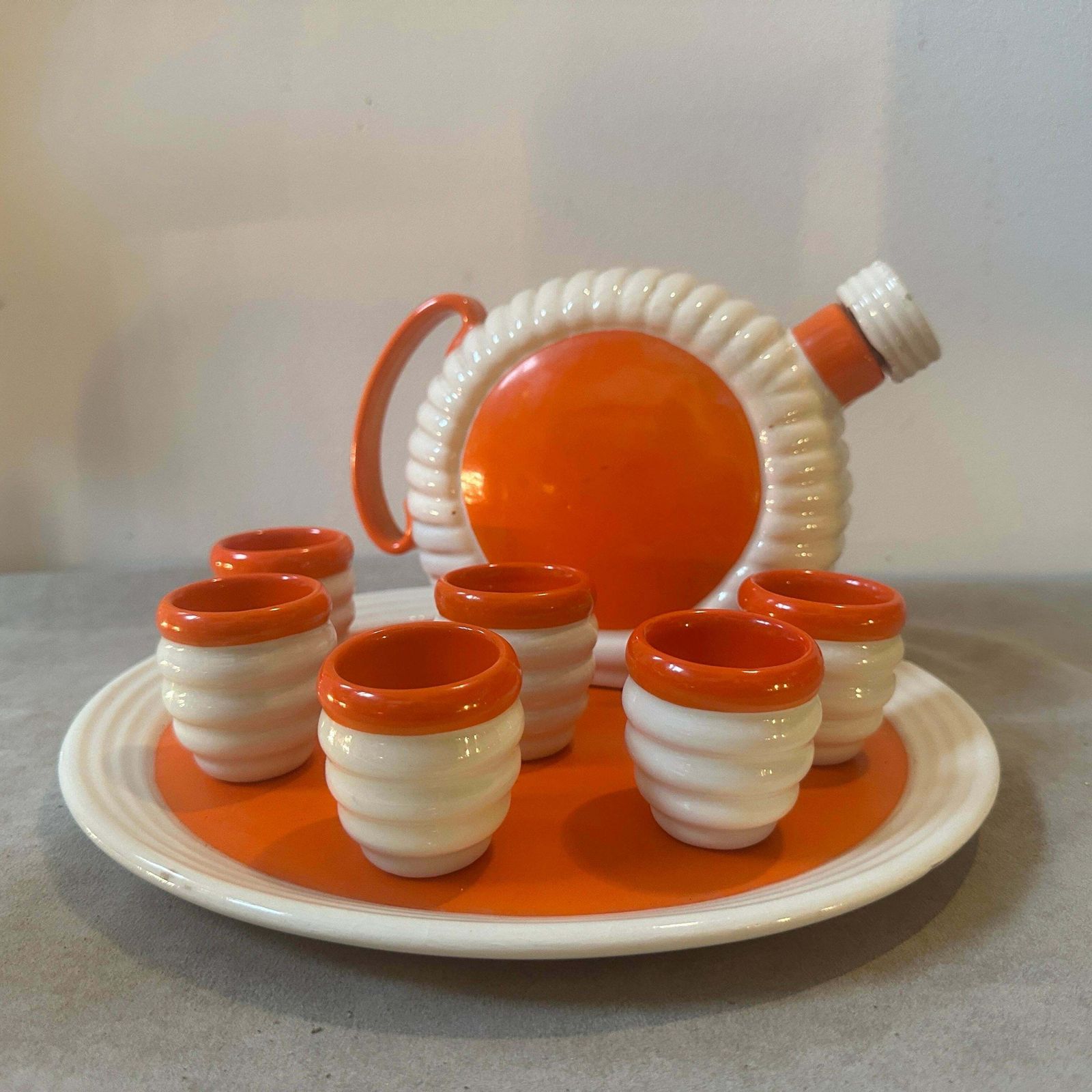 1930s Art Deco Orange And White Ceramic Rosolio Set By Rometti Umbertide photo for sale