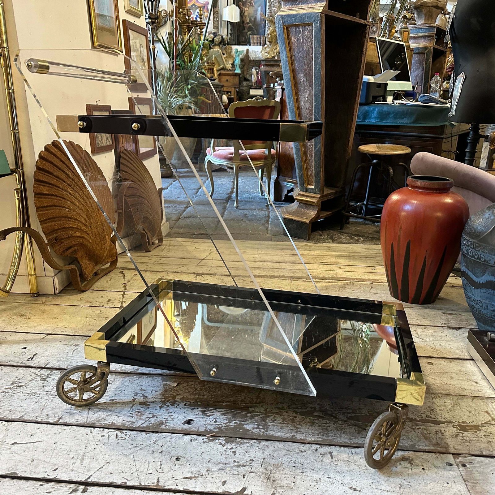 An Amazing 1960s Mid Century Modern Lucite And Brass Italian Bar Cart photo furniture