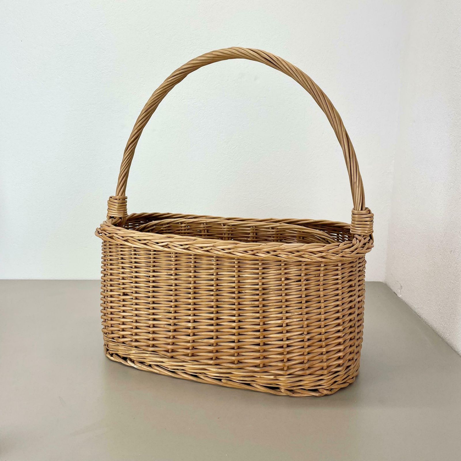Large Aubock Style Midcentury Rattan Bauhaus Magazine Holder, France, 1970s photo for sale