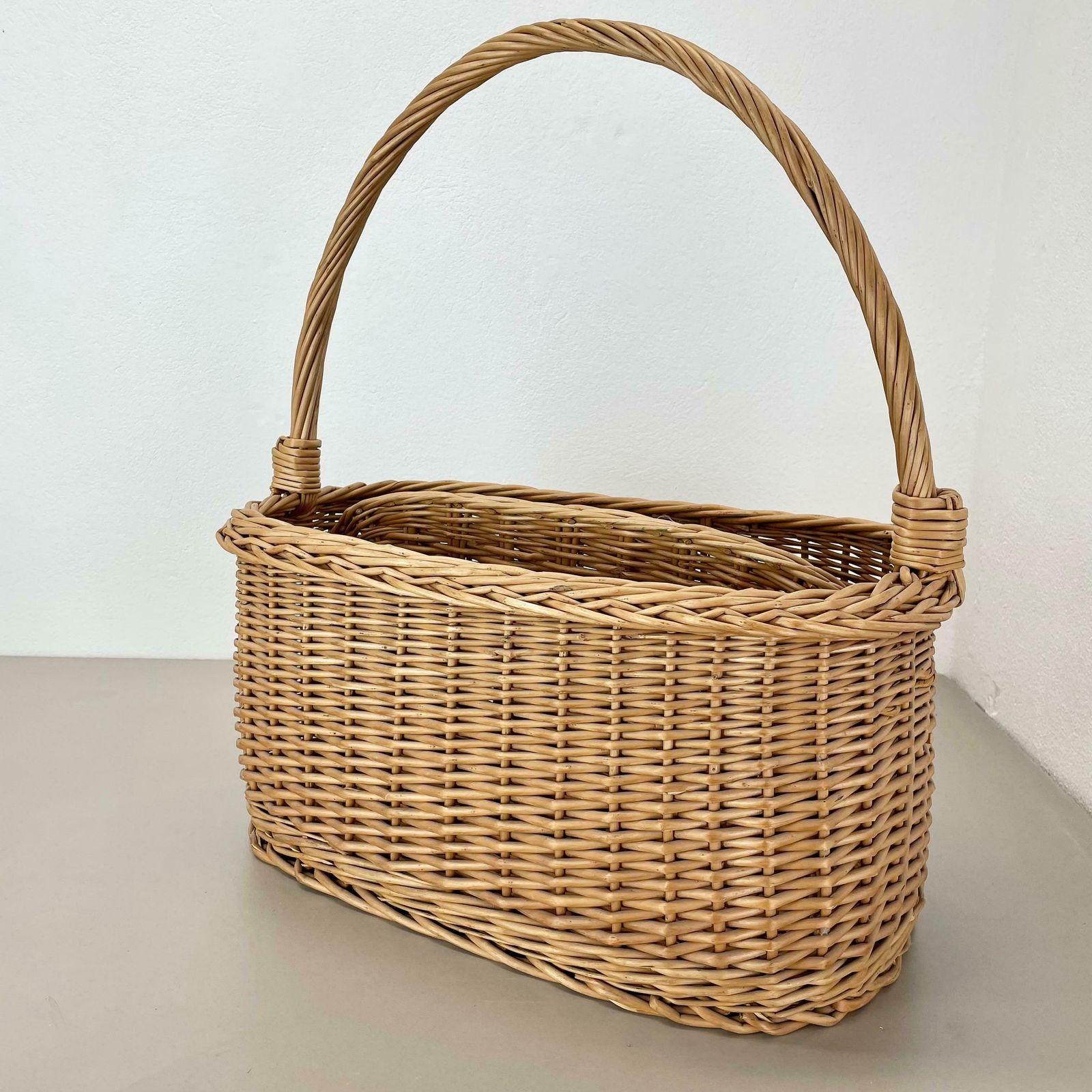 Large Aubock Style Midcentury Rattan Bauhaus Magazine Holder, France, 1970s photo buy