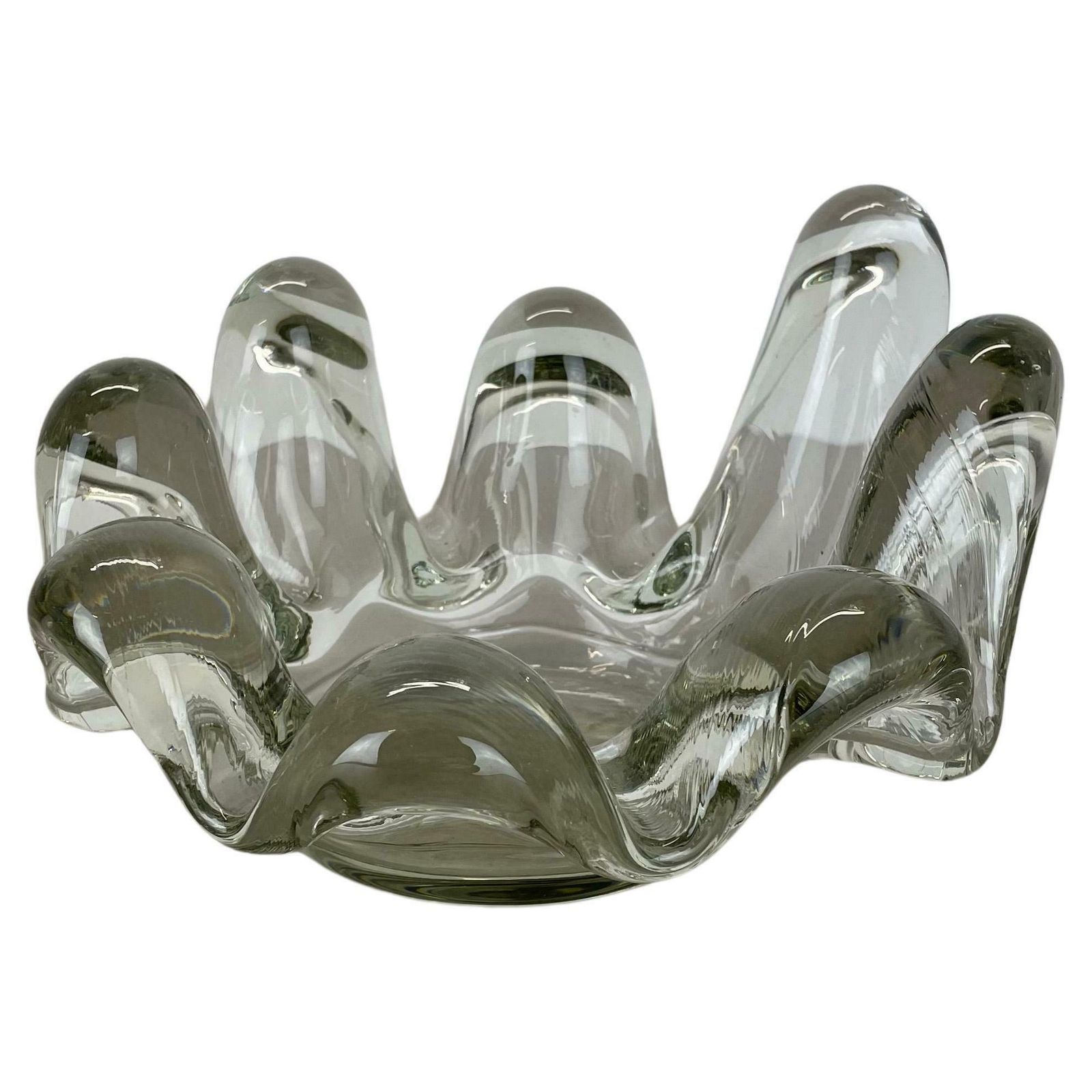 Large 3.2kg Lucid Glass "Brutalist" Bowl Element Shell Ashtray, France, 1970s