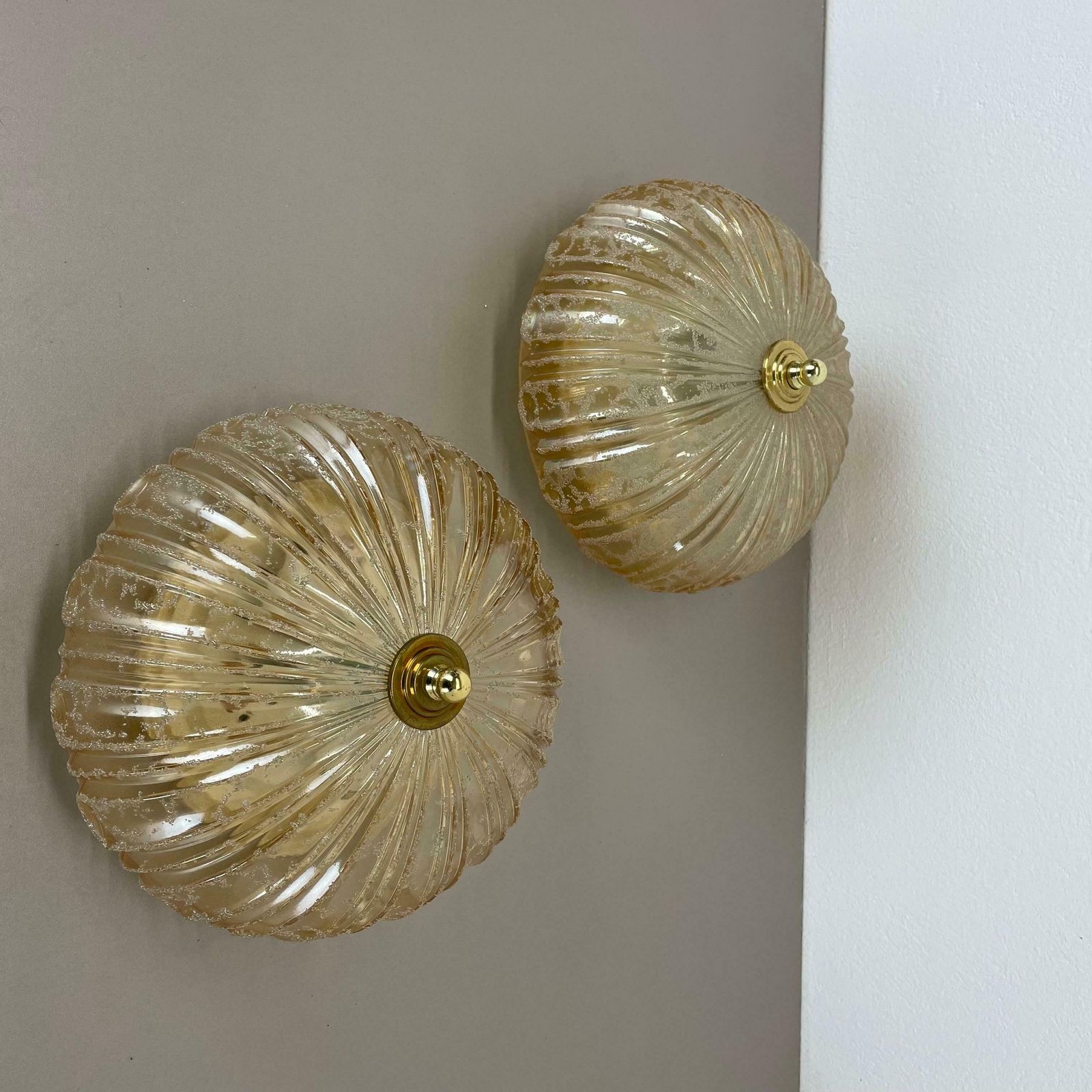 Set Of 2 Beautiful 27cm Textured Amber Glass Wall Ceiling Lights, Germany, 1970s photo Lighting