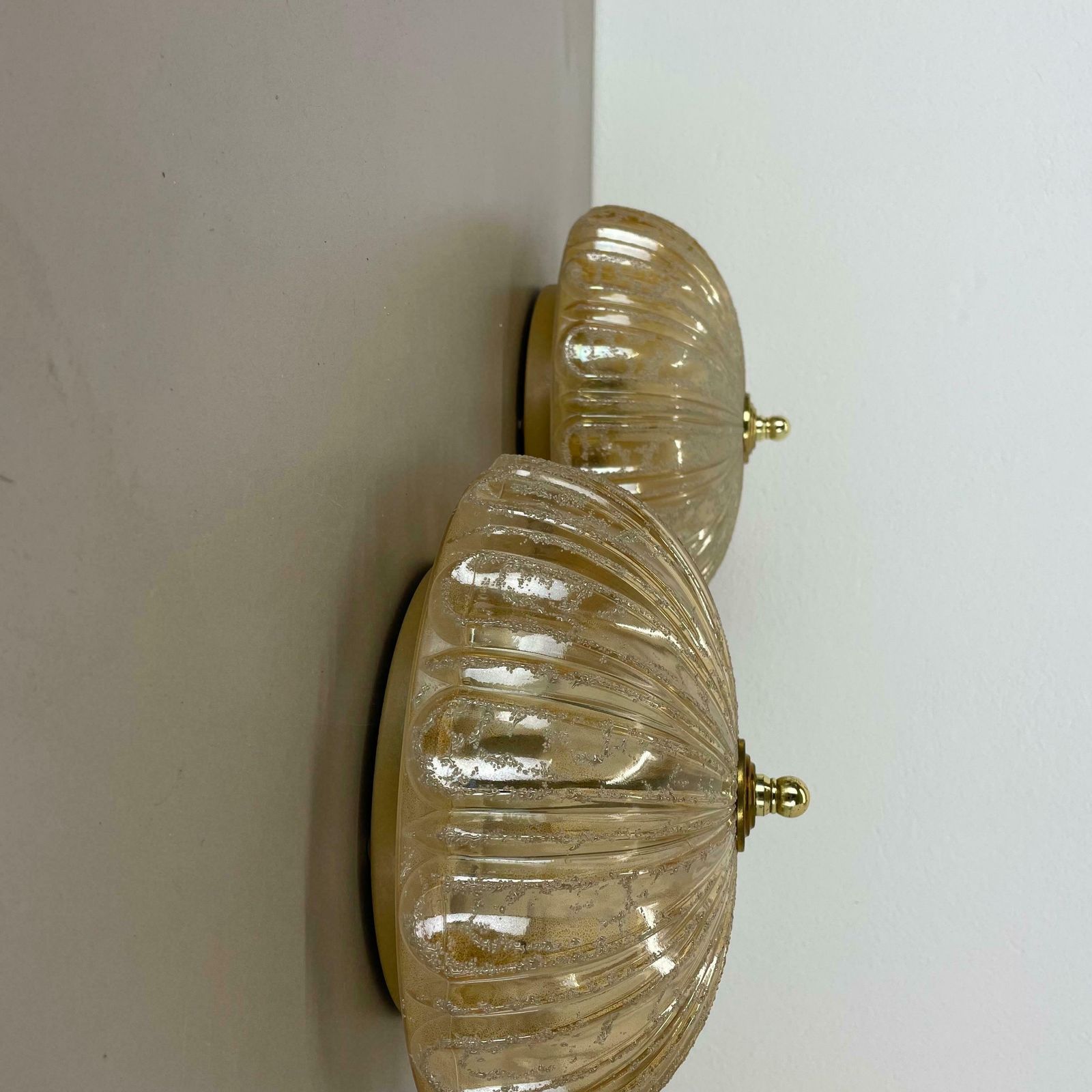 Set Of 2 Beautiful 27cm Textured Amber Glass Wall Ceiling Lights, Germany, 1970s photo 1046.0