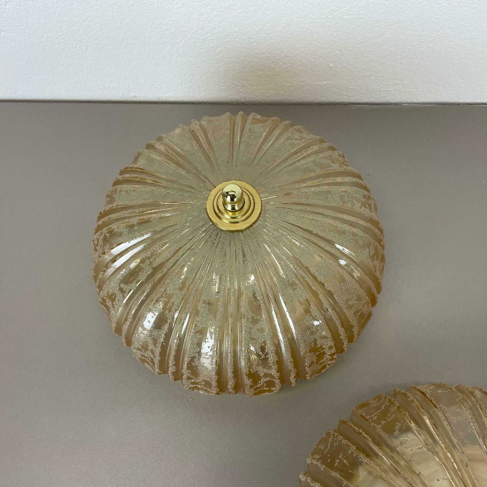 photo furniture Set Of 2 Beautiful 27cm Textured Amber Glass Wall Ceiling Lights, Germany, 1970s