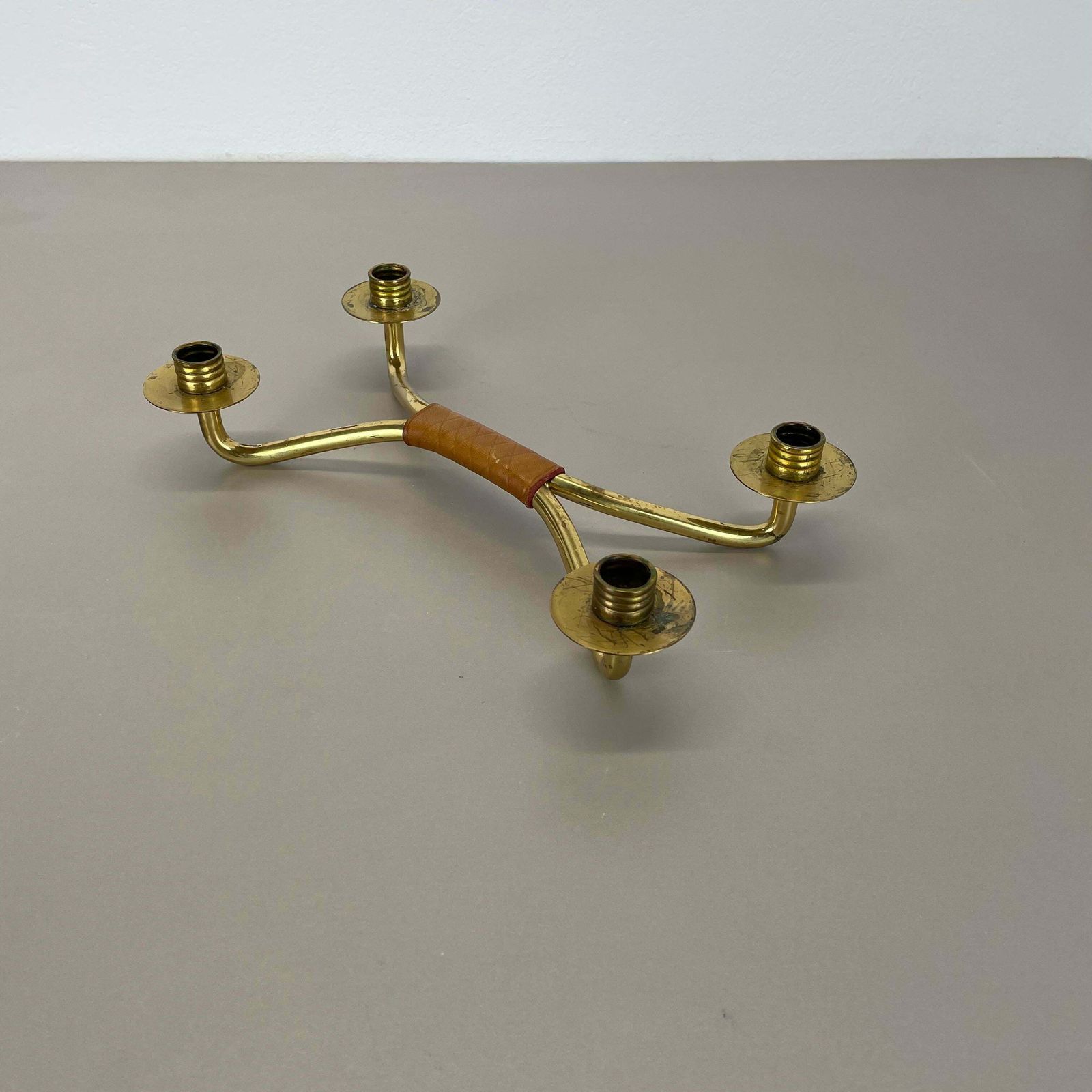 Modernist Auböck Style Brutalist Brass And Leather Candleholder, Austria 1950s photo Home Decor