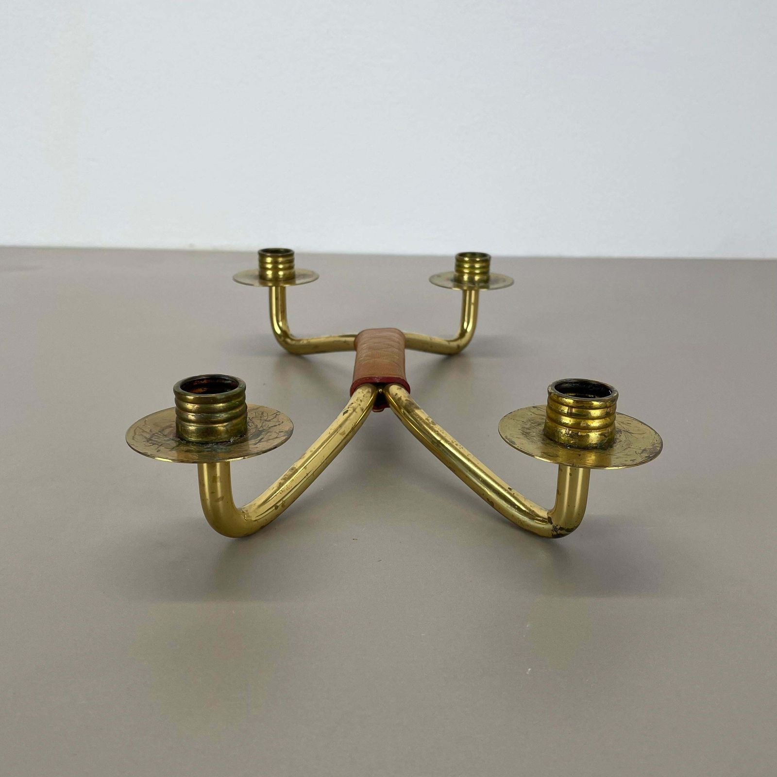 Modernist Auböck Style Brutalist Brass And Leather Candleholder, Austria 1950s photo 697.0