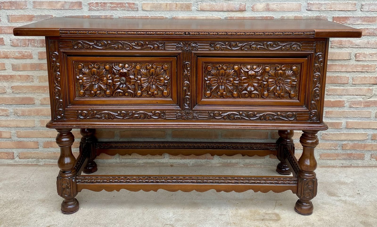 photo vintage Spanish Console With Four Carved Drawers And Original Hardware