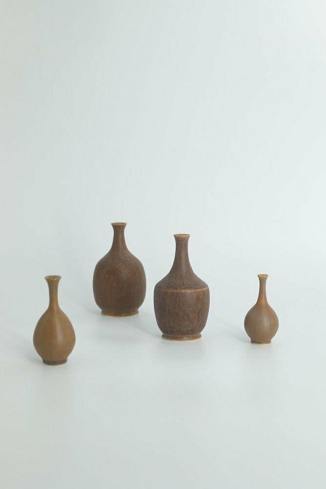 Small Mid Century Scandinavian Modern Collectible Brown Stoneware Vases By Gunnar Borg For Höganäs Ceramics, 1960s, Set Of 4