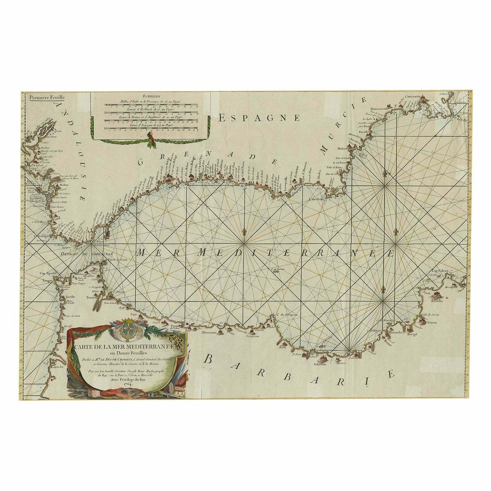 Large Decorative Antique Map Of The Mediterranean, Ca.1770