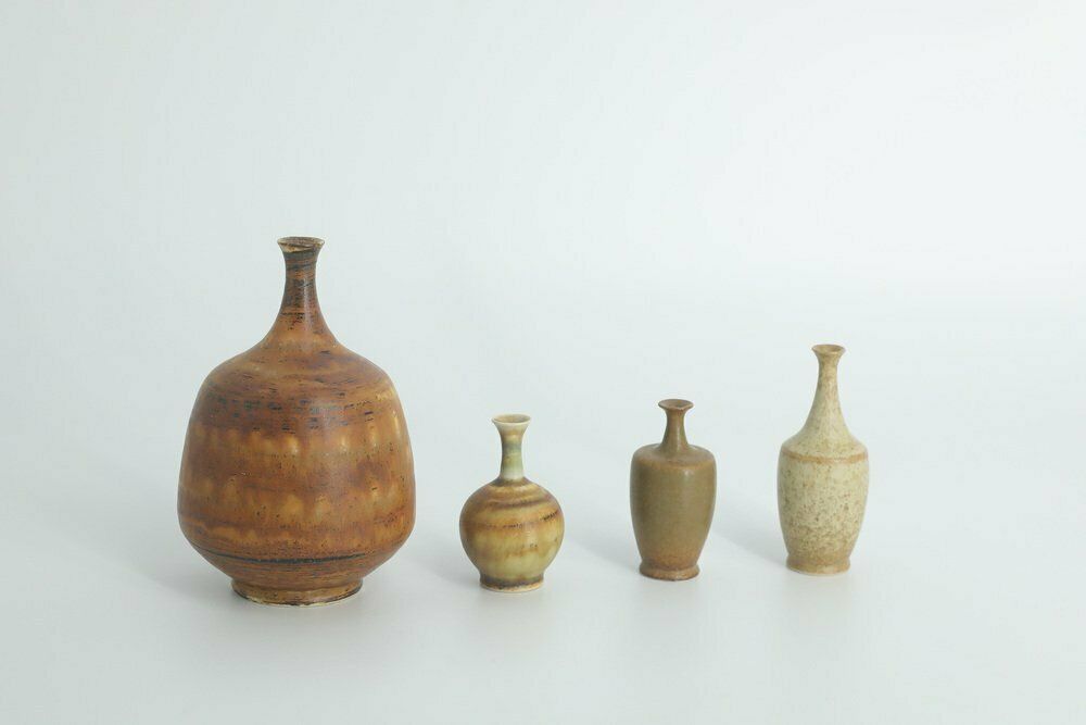 Small Mid Century Scandinavian Modern Collectible Brown Stoneware Vases By Gunnar Borg For Höganäs Ceramics, 1960s, Set Of 4