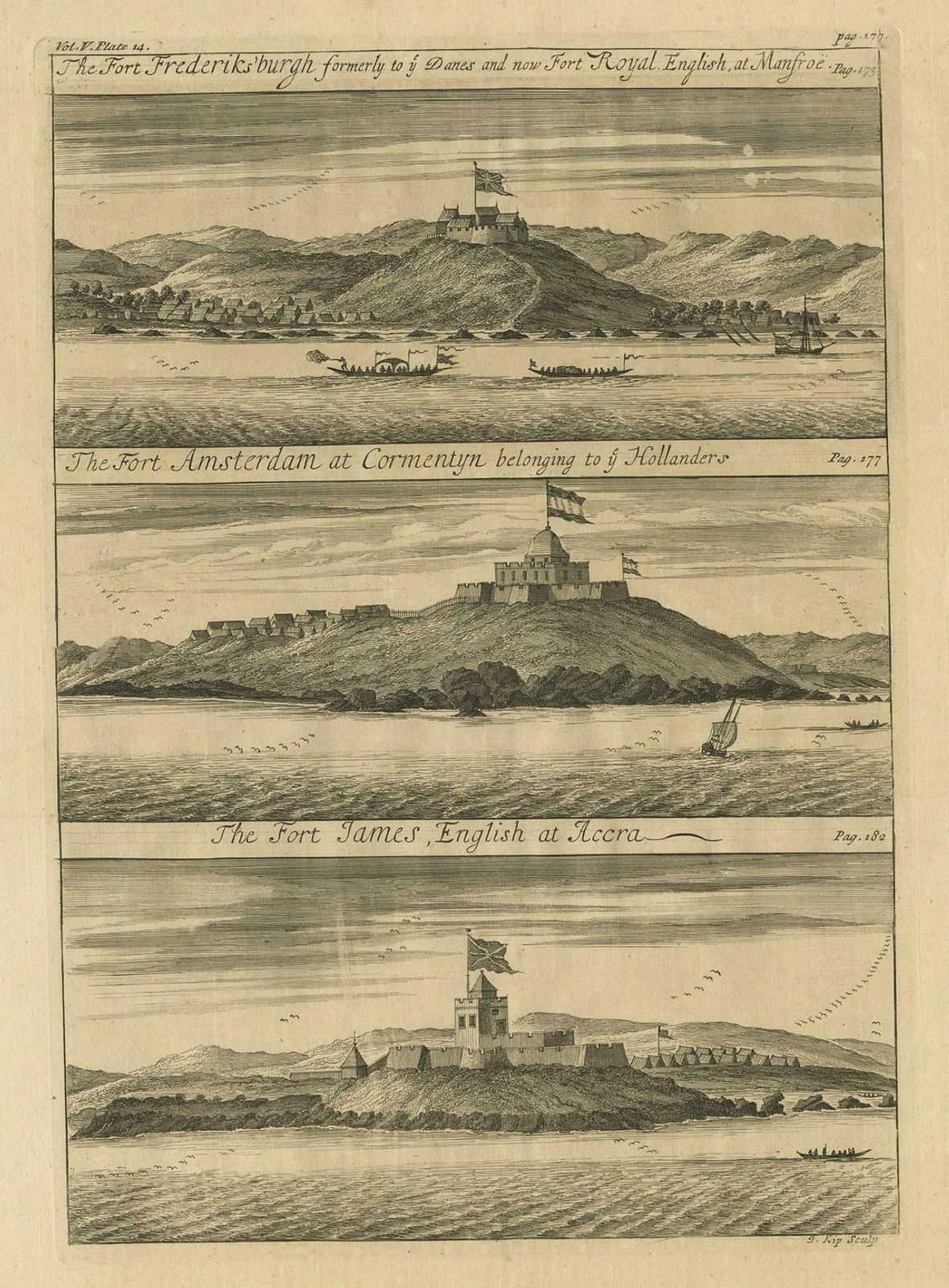 Copperplate Engraving Showing Forts On The West African Gold Coast, Ghana, 1744 photo for sale