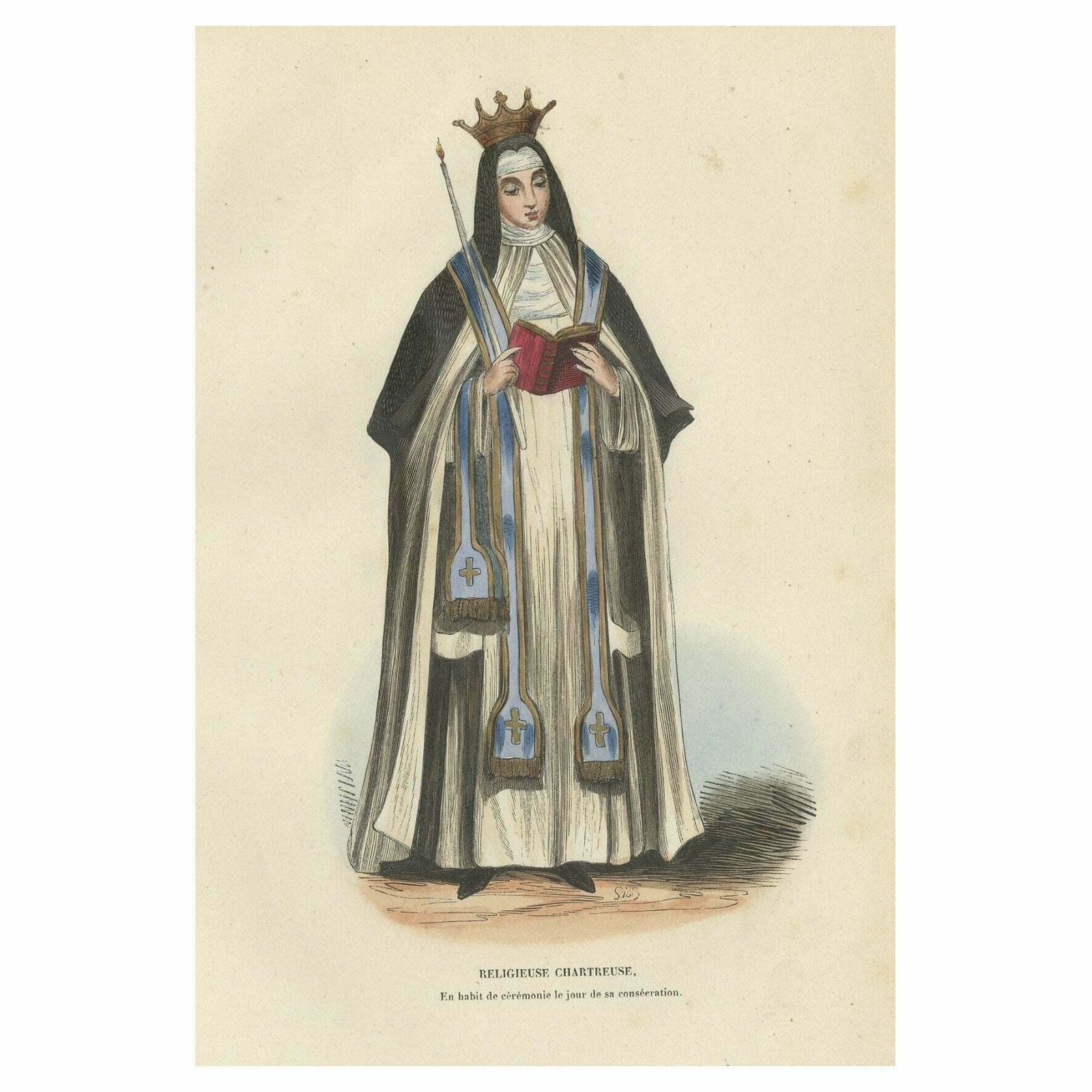 Original Hand Colored Antique Print Of A Carthusian Nun, 1845