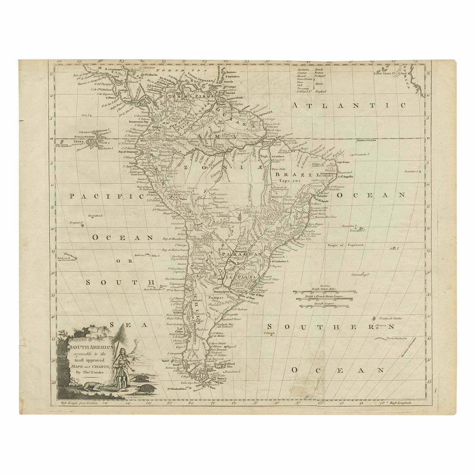 Rare Map Of South America Of Chili, La Plata, Paraguay, Brazil, Peru, C.1775