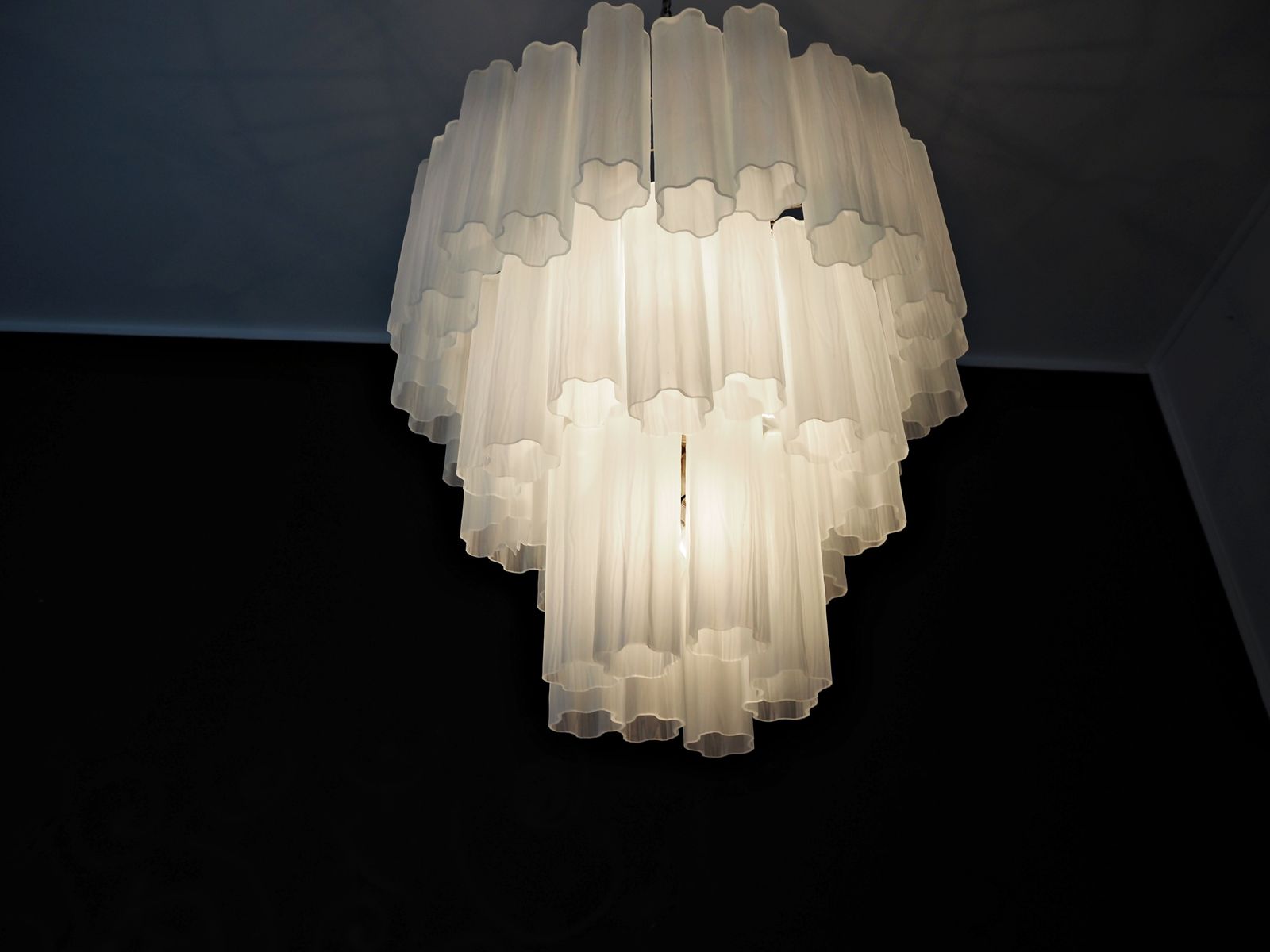 Large Three Tier Venini Murano Glass Tube Chandelier   Etched Glass photo vinterior