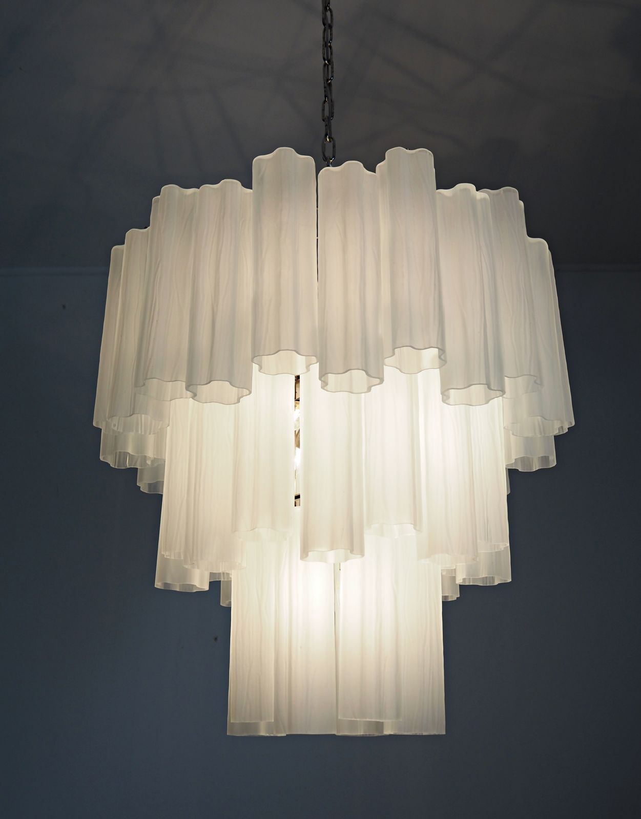 Large Three Tier Venini Murano Glass Tube Chandelier   Etched Glass photo vintage