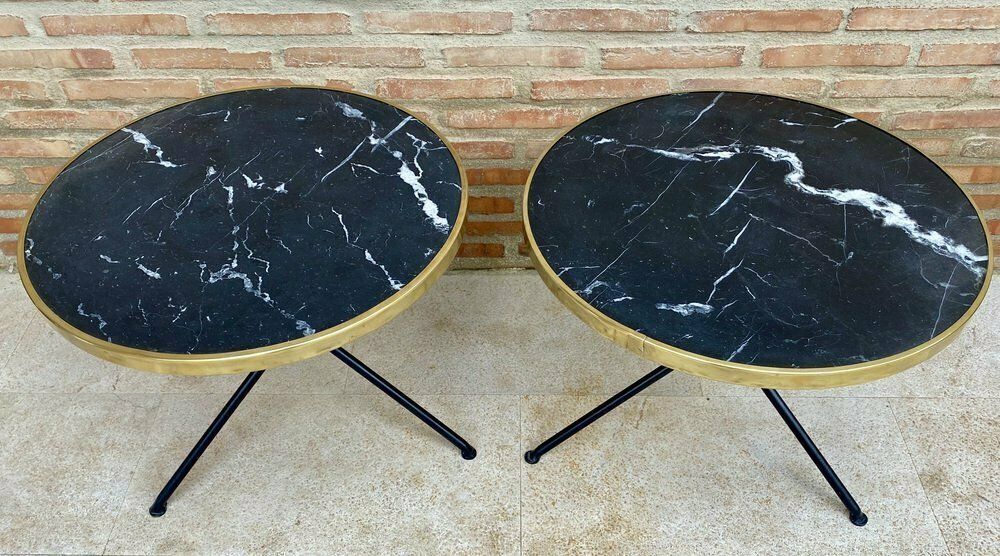 Mid Century Italian Side Tables In Brass And Iron With Marble Top Set Of Two photo furniture